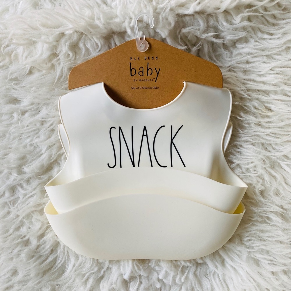 Rae Dunn silicone bibs snack and more please